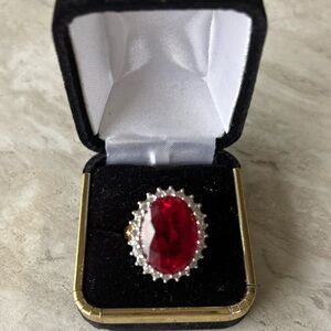 Large Ruby Garnet Halo SS Gold Plated CZ Size 8 Ring